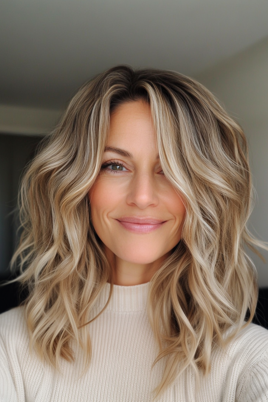 6. Sandy Blonde Shoulder-Length Waves with Choppy Layers (Medium Length Wavy Hairstyles For Women Over 40) - Medium Length Wavy Hairstyles For Women Over 40