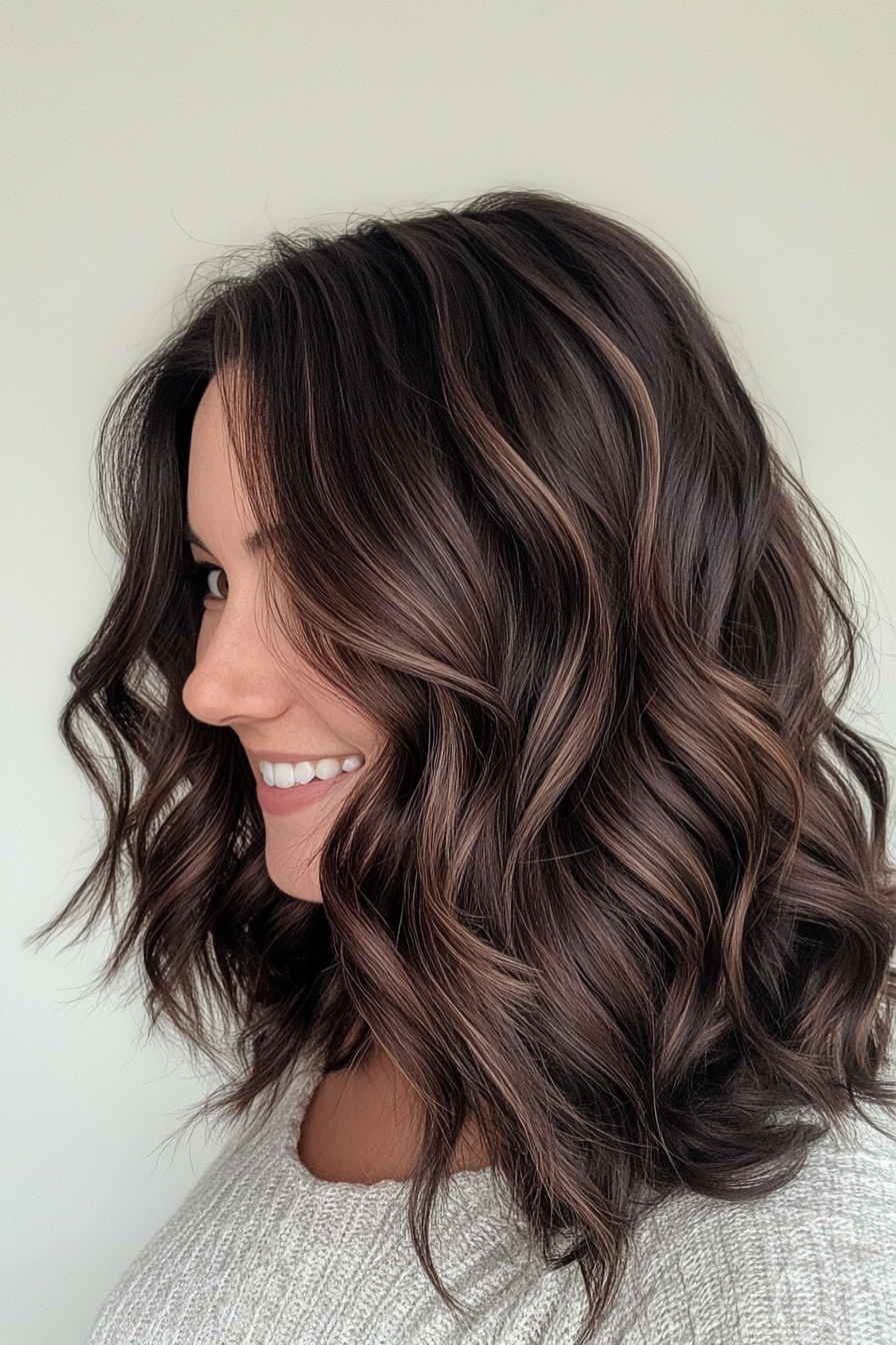 7. Dark Brunette Mid-Length Cut with Soft Curls (Medium Length Wavy Hairstyles For Women Over 40) - Medium Length Wavy Hairstyles For Women Over 40