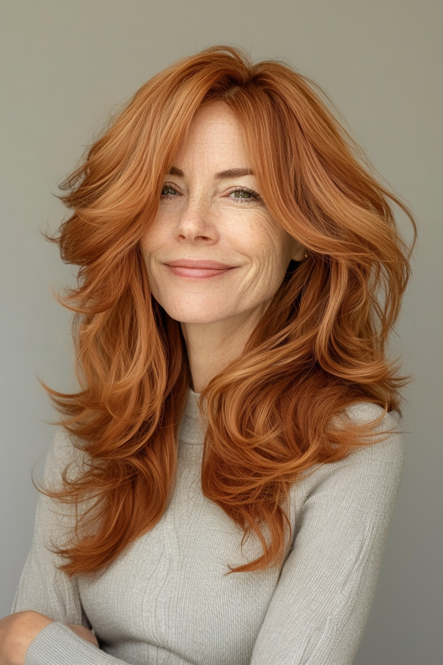 8. Light Auburn Layers with Tousled Texture (Medium Length Wavy Hairstyles For Women Over 40) - Medium Length Wavy Hairstyles For Women Over 40