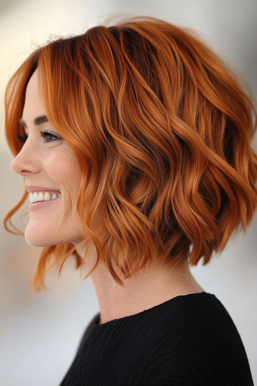 11. Copper Wavy Bob with Angled Layers (Medium Length Wavy Hairstyles For Women Over 40) - Medium Length Wavy Hairstyles For Women Over 40
