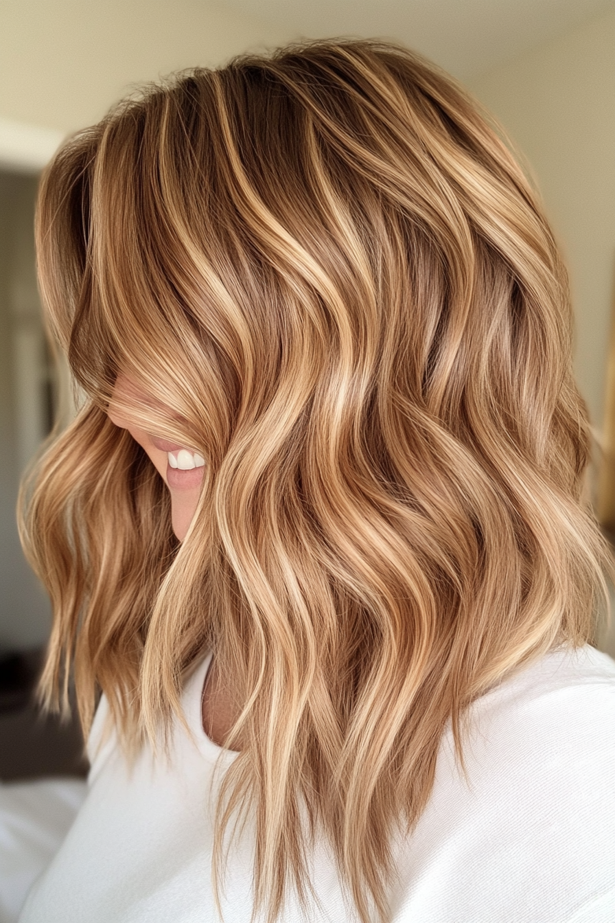 12. Golden Brown Waves with Blended Layers (Medium Length Wavy Hairstyles For Women Over 40) - Medium Length Wavy Hairstyles For Women Over 40