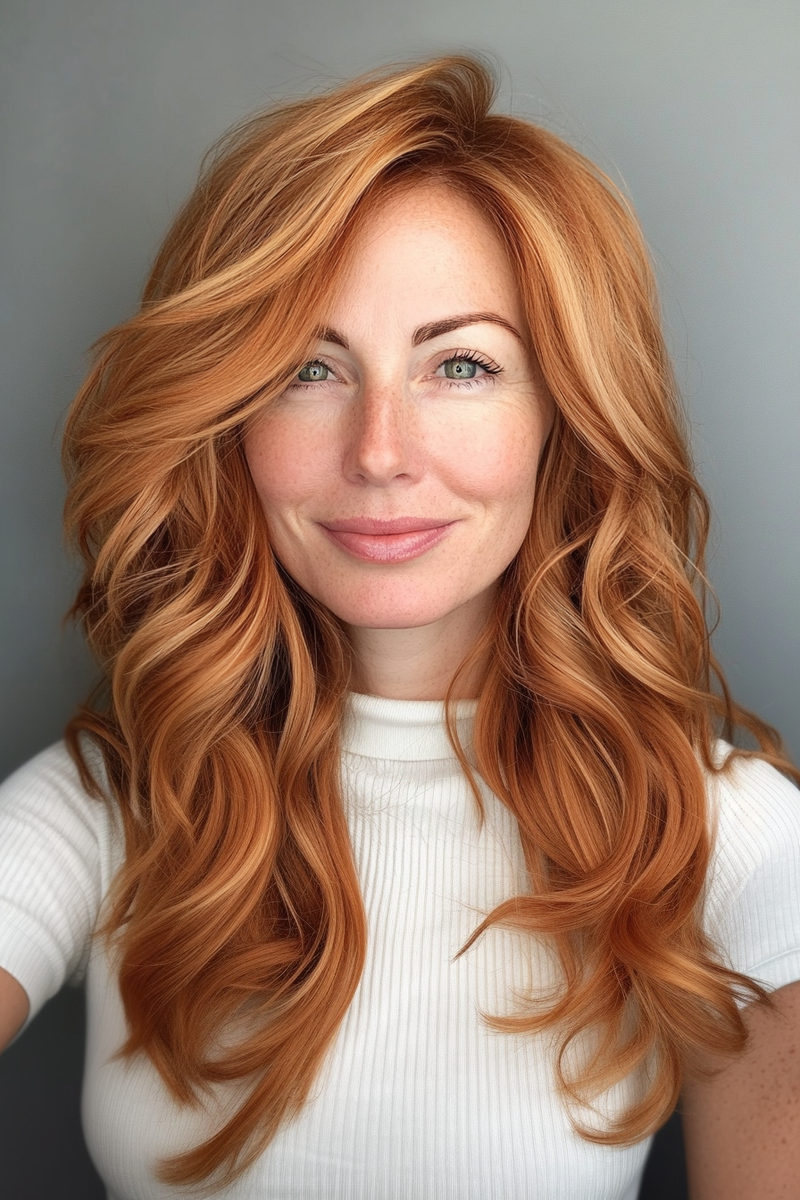 14. Strawberry Blonde Wavy Lob with Internal Layers (Medium Length Wavy Hairstyles For Women Over 40) - Medium Length Wavy Hairstyles For Women Over 40