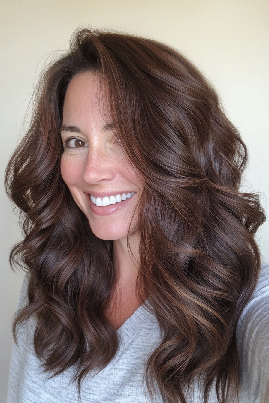 15. Espresso Brown Waves with Long Side Layers (Medium Length Wavy Hairstyles For Women Over 40) - Medium Length Wavy Hairstyles For Women Over 40