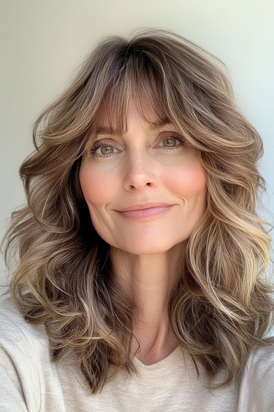 16. Light Brown Shoulder Cut with Airy Bangs (Medium Length Wavy Hairstyles For Women Over 40) - Medium Length Wavy Hairstyles For Women Over 40