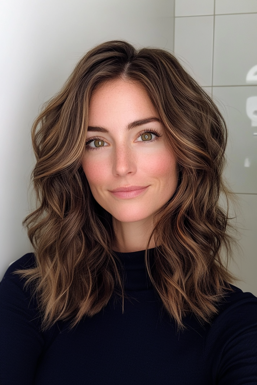 17. Warm Brunette Wavy Layers with a Middle Part (Medium Length Wavy Hairstyles For Women Over 40) - Medium Length Wavy Hairstyles For Women Over 40