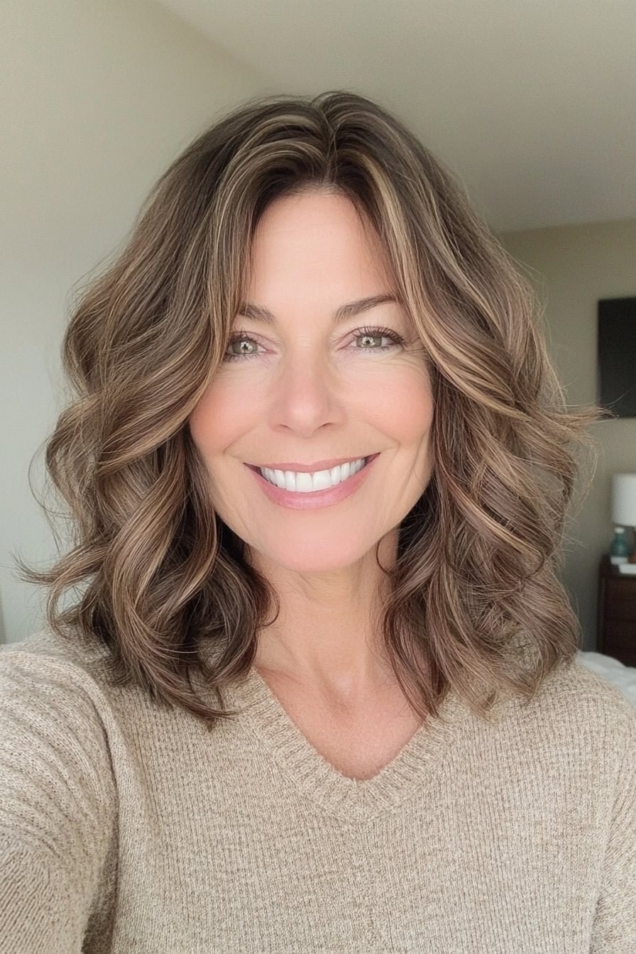 18. Soft Mocha Mid-Length Hair with Rounded Layers (Medium Length Wavy Hairstyles For Women Over 40) - Medium Length Wavy Hairstyles For Women Over 40