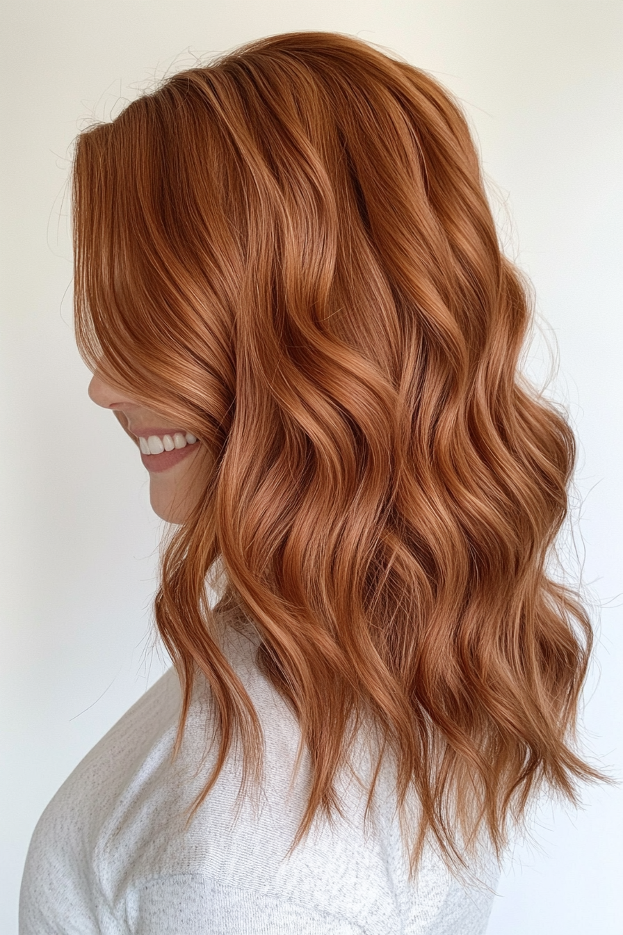 19. Muted Copper Waves with Razored Layers (Medium Length Wavy Hairstyles For Women Over 40) - Medium Length Wavy Hairstyles For Women Over 40