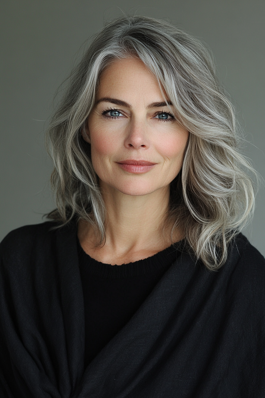 20. Natural Grey Blend with Layered Texture (Medium Length Wavy Hairstyles For Women Over 40) - Medium Length Wavy Hairstyles For Women Over 40