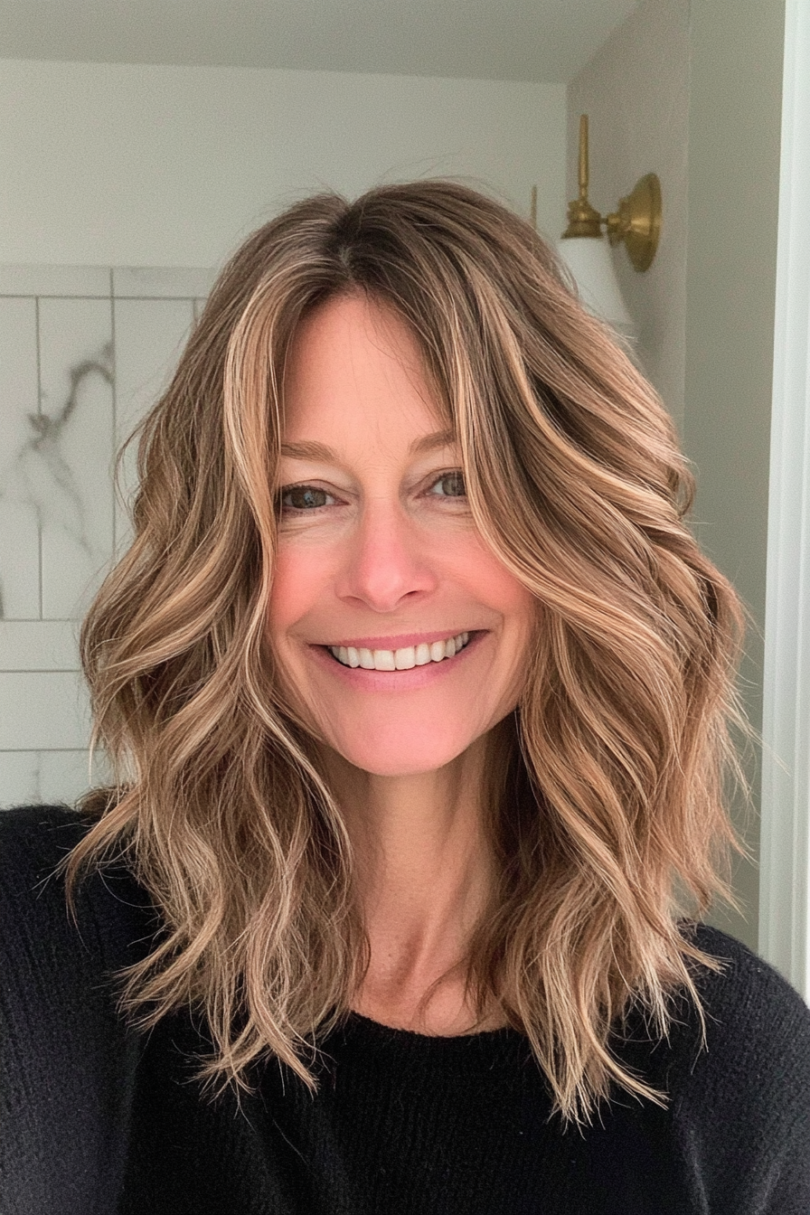 21. Medium Hazelnut Waves with Textured Ends (Medium Length Wavy Hairstyles For Women Over 40) - Medium Length Wavy Hairstyles For Women Over 40