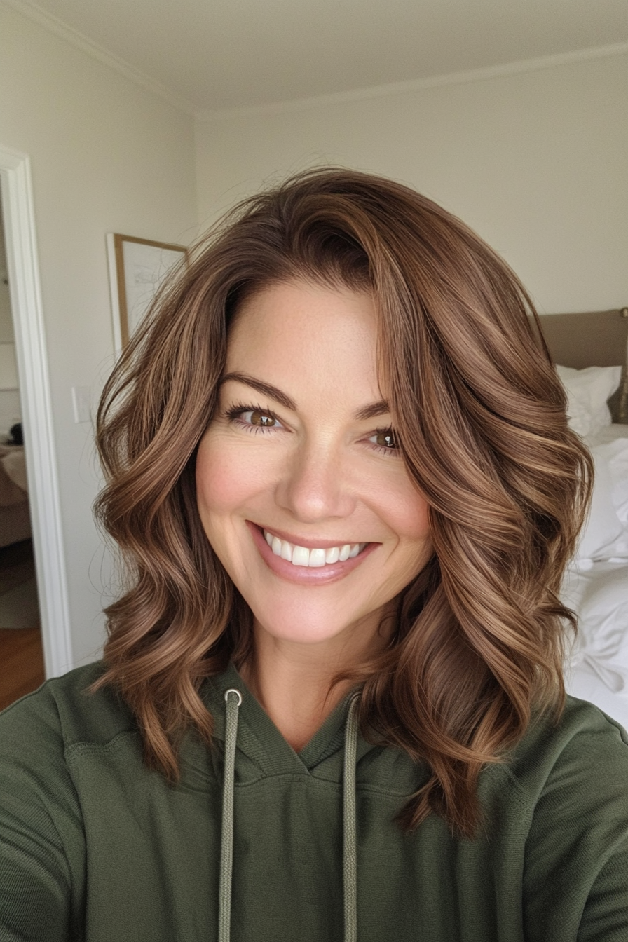 23. Classic Brown Mid-Length Hair with Volume Layers (Medium Length Wavy Hairstyles For Women Over 40) - Medium Length Wavy Hairstyles For Women Over 40