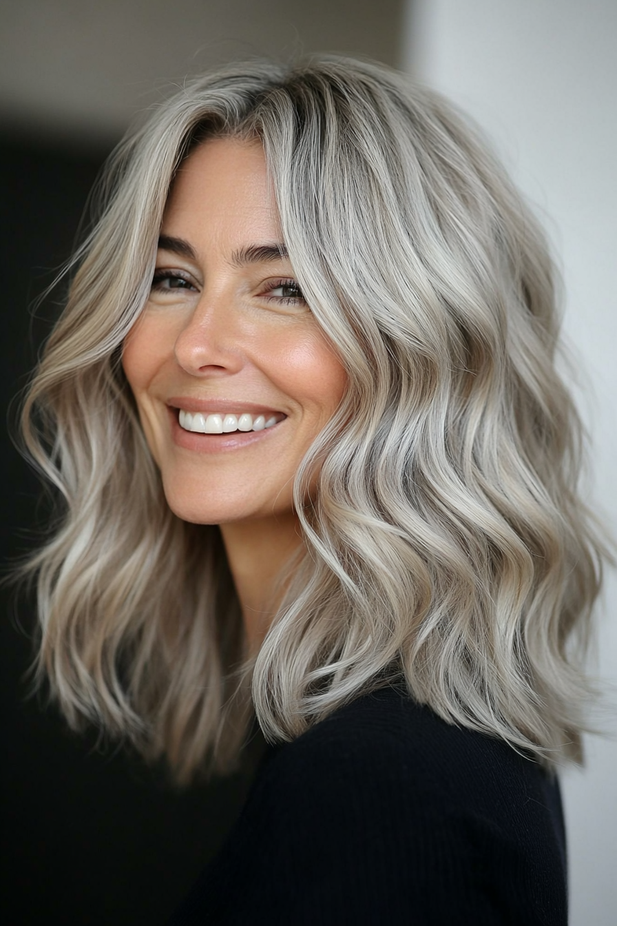24. Soft Ash Blonde Shoulder Cut with Loose Waves (Medium Length Wavy Hairstyles For Women Over 40) - Medium Length Wavy Hairstyles For Women Over 40