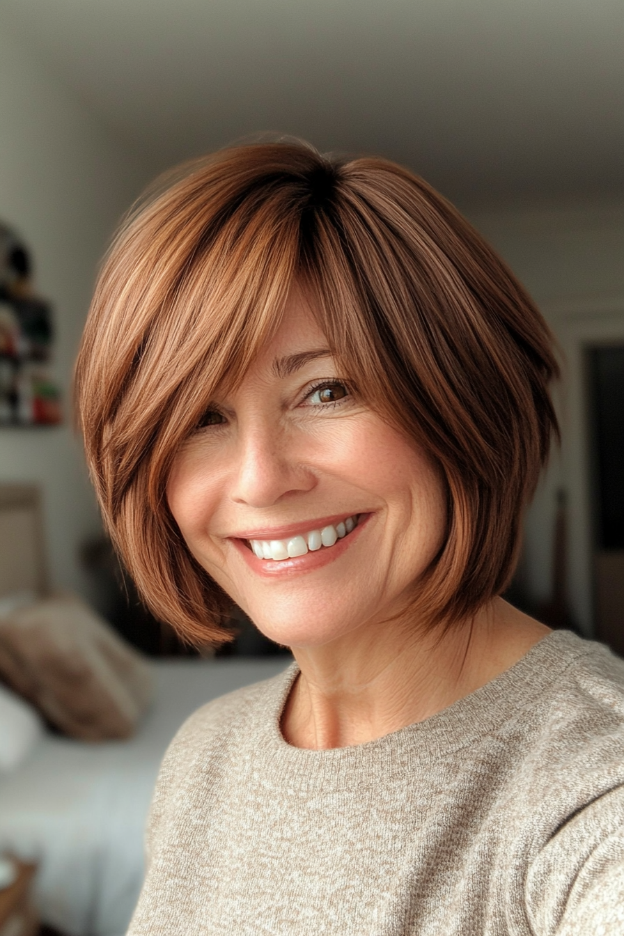 3. Layered Chestnut Crop with Side-Swept Bangs (New Short Hairstyles For Women Over 40) - New Short Hairstyles For Women Over 40
