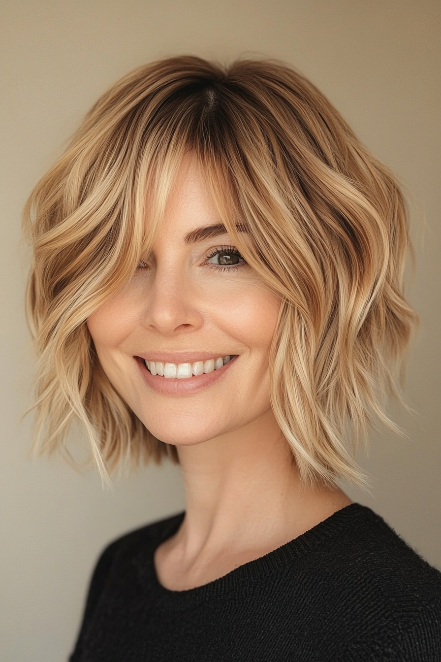 6. Wavy Honey Blonde Bob with Curtain Bangs (New Short Hairstyles For Women Over 40) - New Short Hairstyles For Women Over 40
