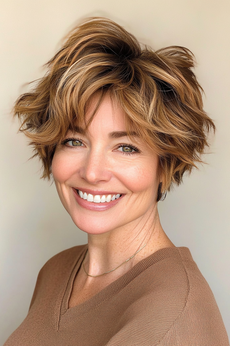 9. Caramel Tousled Pixie with Volume Crown (New Short Hairstyles For Women Over 40) - New Short Hairstyles For Women Over 40