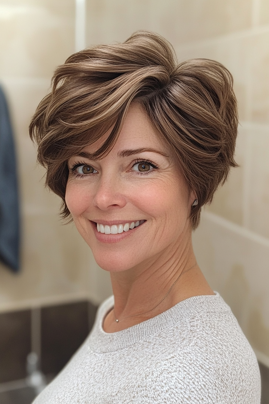 11. Ash Brown Short Layered Cut with Subtle Waves (New Short Hairstyles For Women Over 40) - New Short Hairstyles For Women Over 40