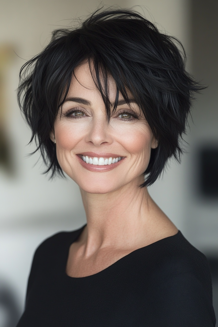 12. Soft Black Bixie with Textured Layers (New Short Hairstyles For Women Over 40) - New Short Hairstyles For Women Over 40