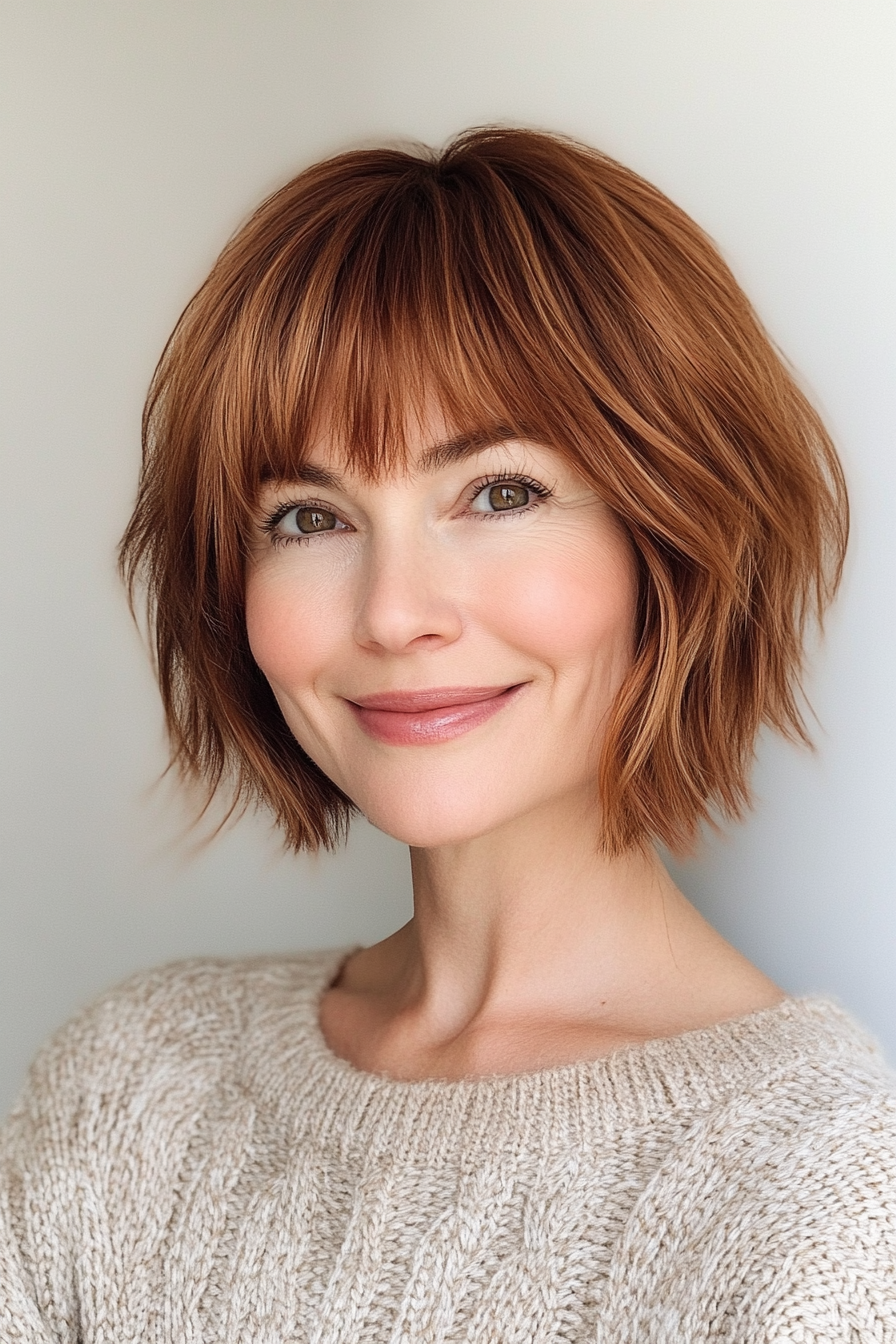 13. Warm Auburn French Bob with Fringe (New Short Hairstyles For Women Over 40) - New Short Hairstyles For Women Over 40