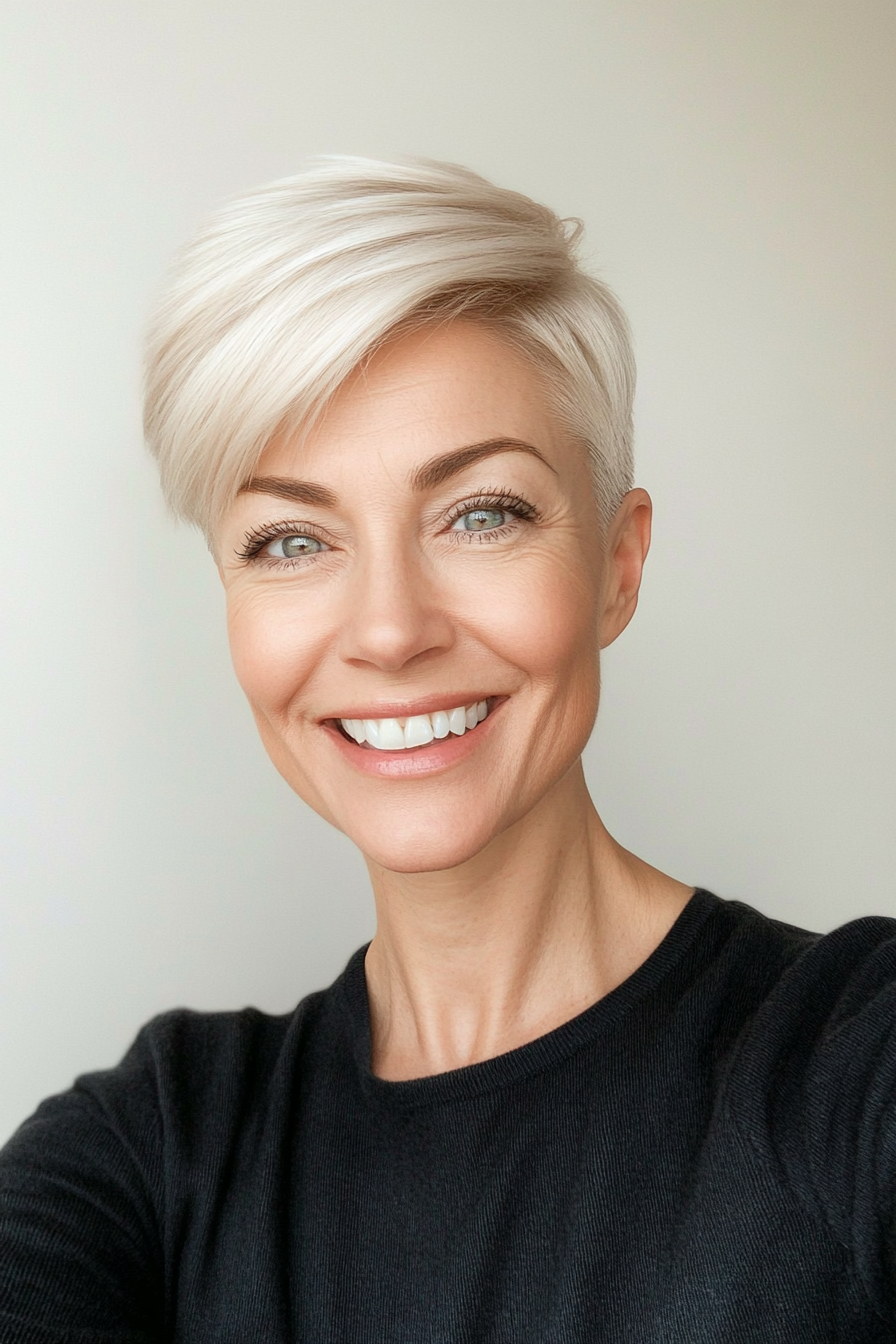 15. Pearl Blonde Sleek Pixie with Tucked Sides (New Short Hairstyles For Women Over 40) - New Short Hairstyles For Women Over 40