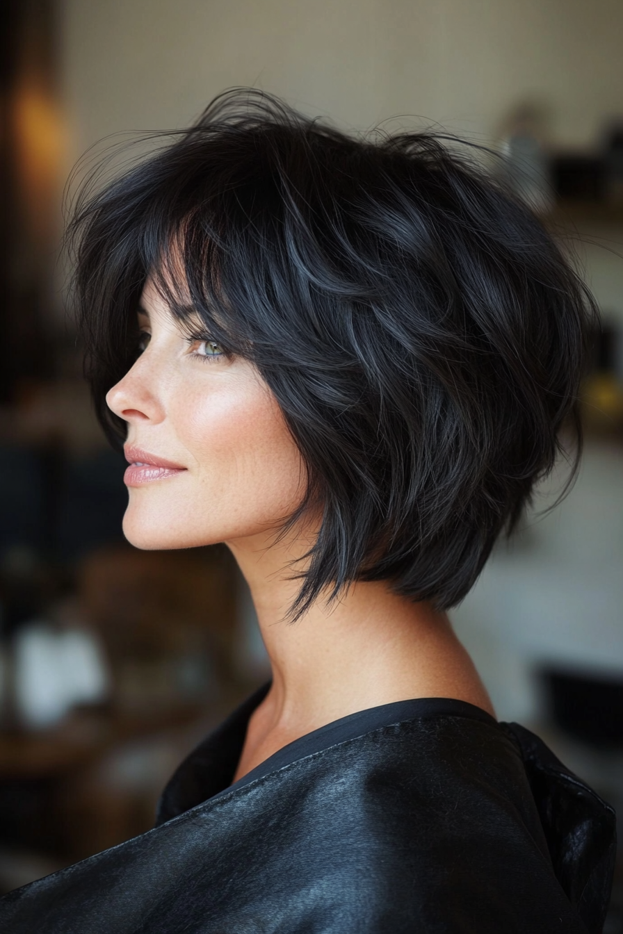 22. Rich Black Modern Shag with Soft Bangs (New Short Hairstyles For Women Over 40) - New Short Hairstyles For Women Over 40