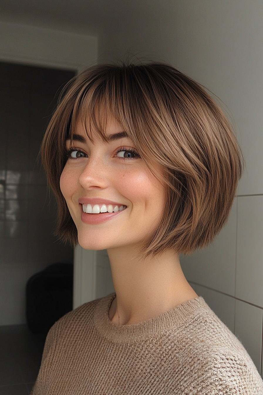 23. Mushroom Brown Crop with Blunt Fringe (New Short Hairstyles For Women Over 40) - New Short Hairstyles For Women Over 40