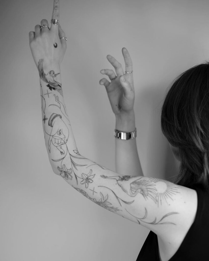 Flowers & Mandala Fine Line Sleeve Tattoo