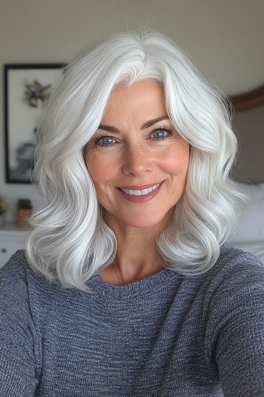 4. Chin-Length Wavy Cut in Frosted White (Hairstyles For Women Over 60 With White Hair) - Hairstyles For Women Over 60 With White Hair