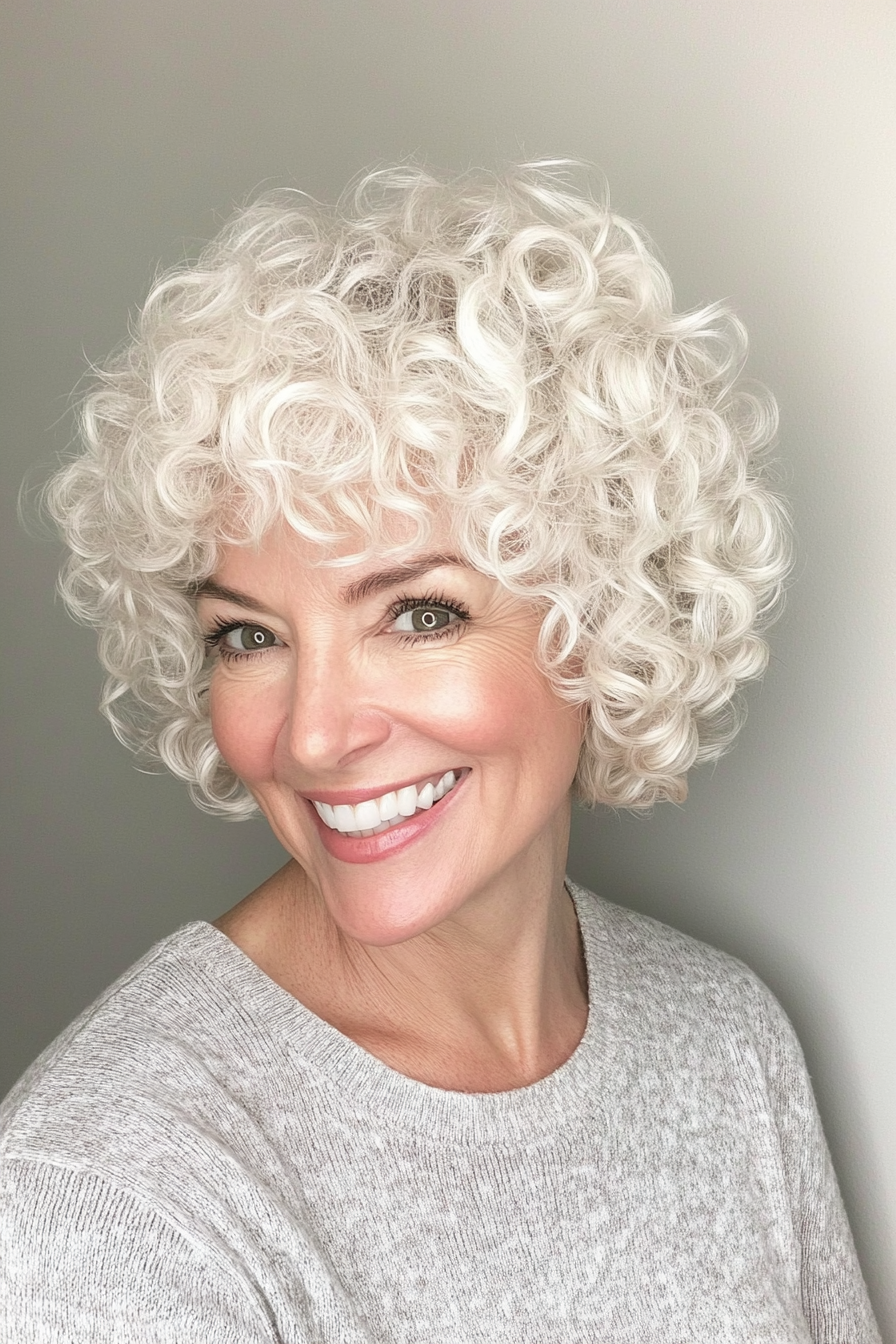 9. Curly Crop in Warm White Blonde (Hairstyles For Women Over 60 With White Hair) - Hairstyles For Women Over 60 With White Hair