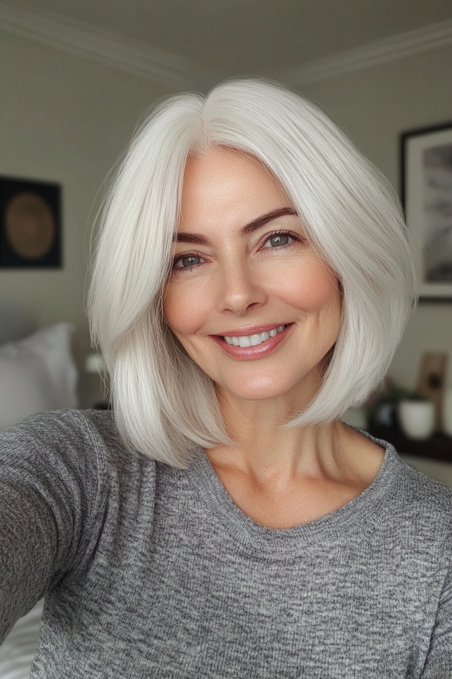 10. Classic Bob with Cloud White Finish (Hairstyles For Women Over 60 With White Hair) - Hairstyles For Women Over 60 With White Hair