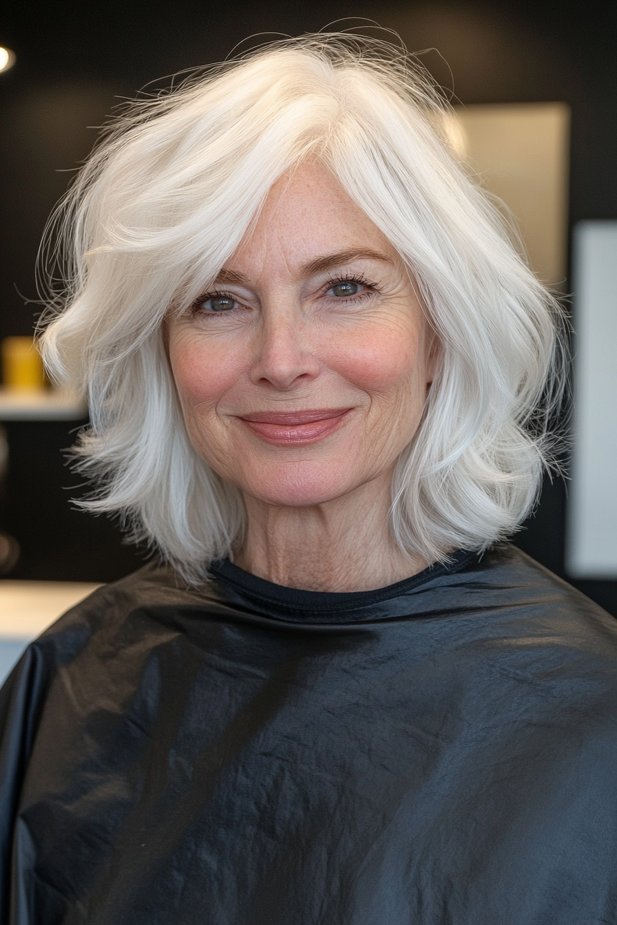 12. Flipped-Out Medium Layers in Cool White (Hairstyles For Women Over 60 With White Hair) - Hairstyles For Women Over 60 With White Hair