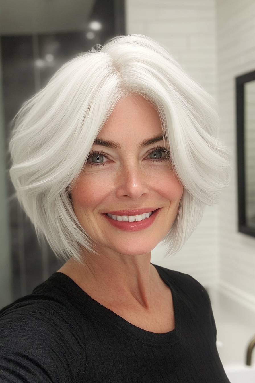 14. Short Stacked Cut in Opal White (Hairstyles For Women Over 60 With White Hair) - Hairstyles For Women Over 60 With White Hair
