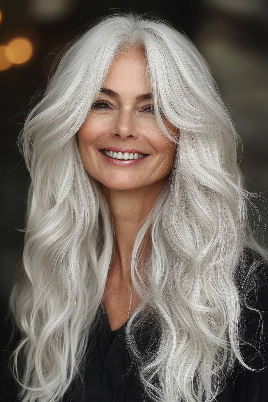 16. Layered Waves in Soft Arctic White (Hairstyles For Women Over 60 With White Hair) - Hairstyles For Women Over 60 With White Hair