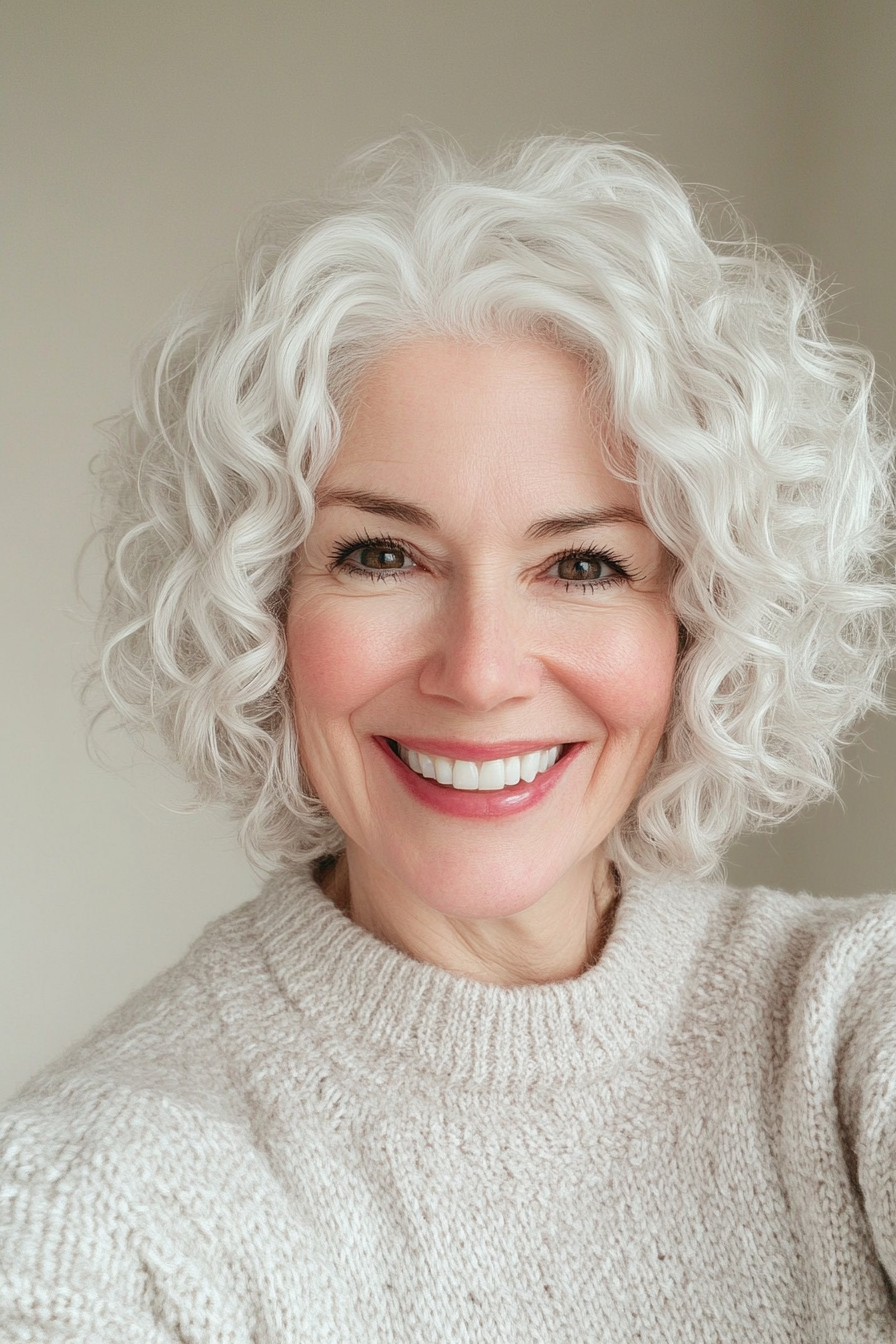 18. Short Curly Bob in Pale Winter White (Hairstyles For Women Over 60 With White Hair) - Hairstyles For Women Over 60 With White Hair