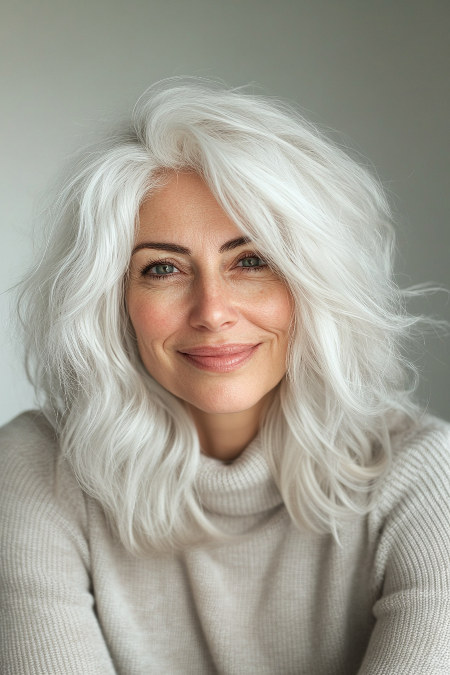 21. Messy Shag in Light Silver White (Hairstyles For Women Over 60 With White Hair) - Hairstyles For Women Over 60 With White Hair