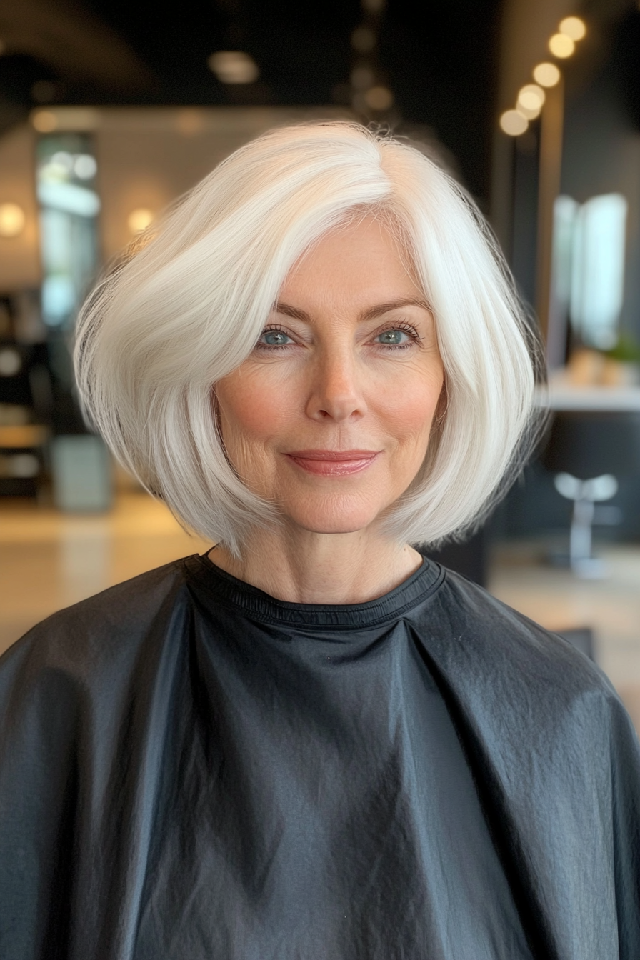 22. Tucked-Under Bob with Cotton White Glow (Hairstyles For Women Over 60 With White Hair) - Hairstyles For Women Over 60 With White Hair