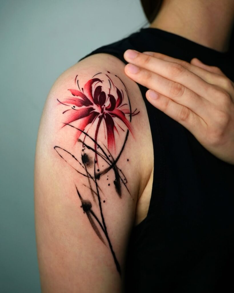 Red Spider Lily Upper Arm Tattoo