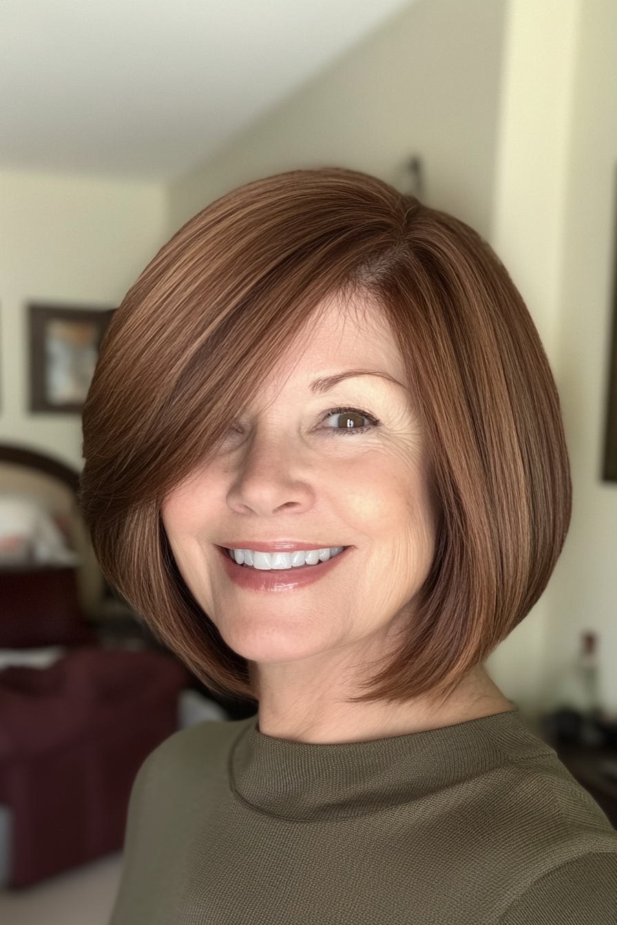 1. Side-Swept Asymmetrical Bob in Chestnut Brown (Asymmetrical Hairstyles For Older Women) - Asymmetrical Hairstyles For Older Women