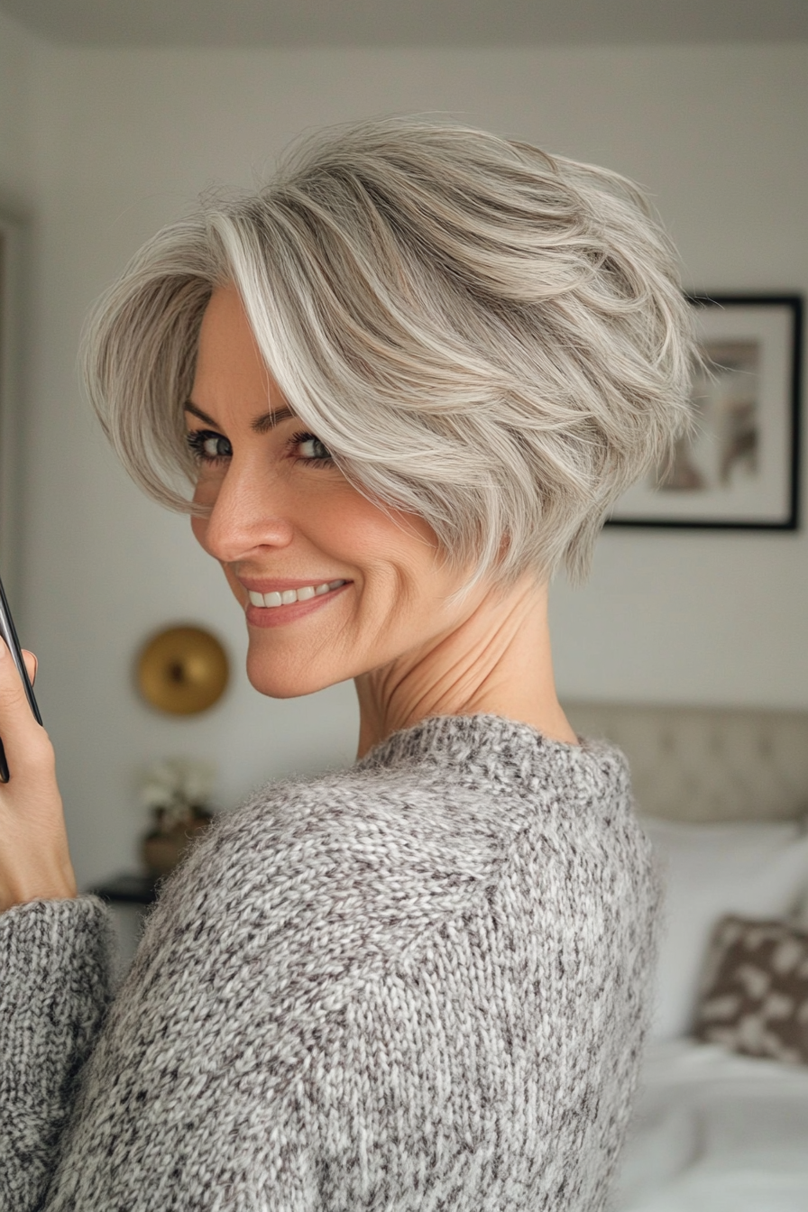 2. Layered Asymmetrical Pixie in Salt and Pepper (Asymmetrical Hairstyles For Older Women) - Asymmetrical Hairstyles For Older Women