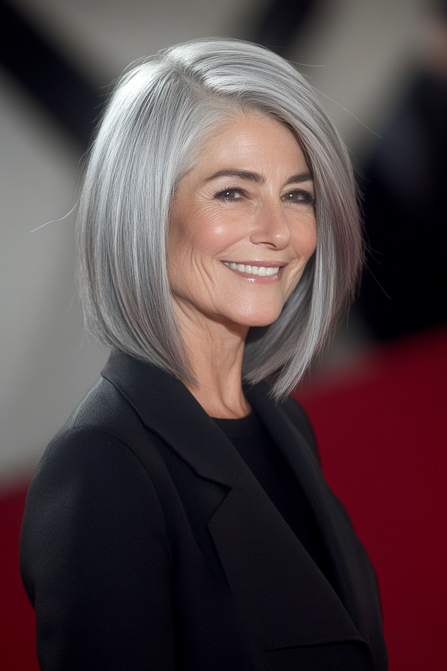 4. Sculpted Asymmetrical Cut in Silver Gray (Asymmetrical Hairstyles For Older Women) - Asymmetrical Hairstyles For Older Women