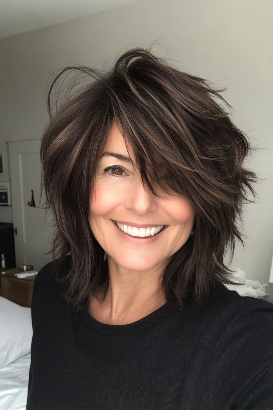 5. Textured Asymmetrical Shag in Dark Brown (Asymmetrical Hairstyles For Older Women) - Asymmetrical Hairstyles For Older Women