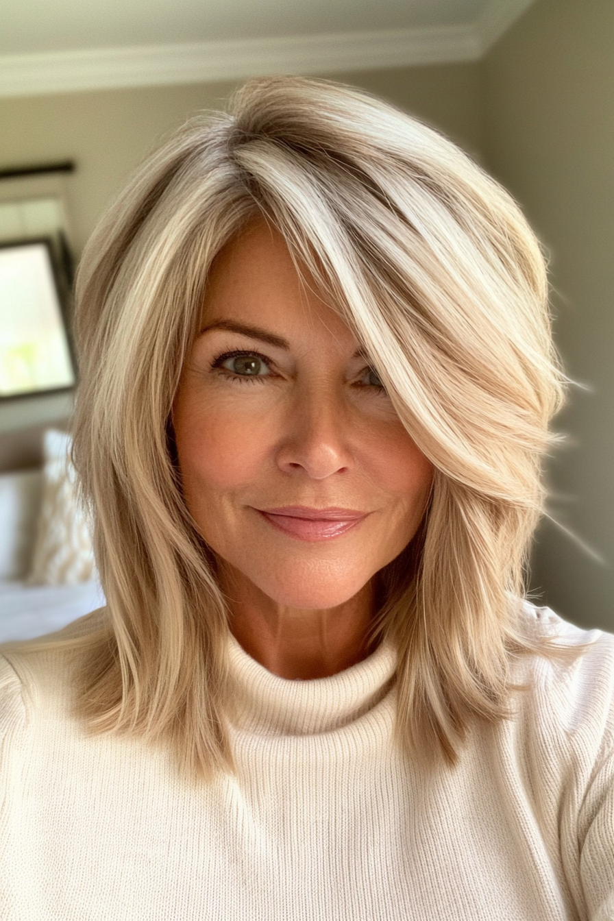 6. Asymmetrical Chin-Length Cut in Honey Blonde (Asymmetrical Hairstyles For Older Women) - Asymmetrical Hairstyles For Older Women