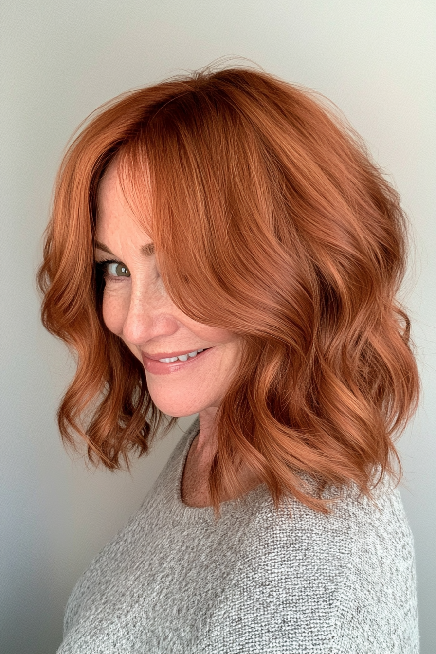 9. Wavy Asymmetrical Lob in Warm Auburn (Asymmetrical Hairstyles For Older Women) - Asymmetrical Hairstyles For Older Women