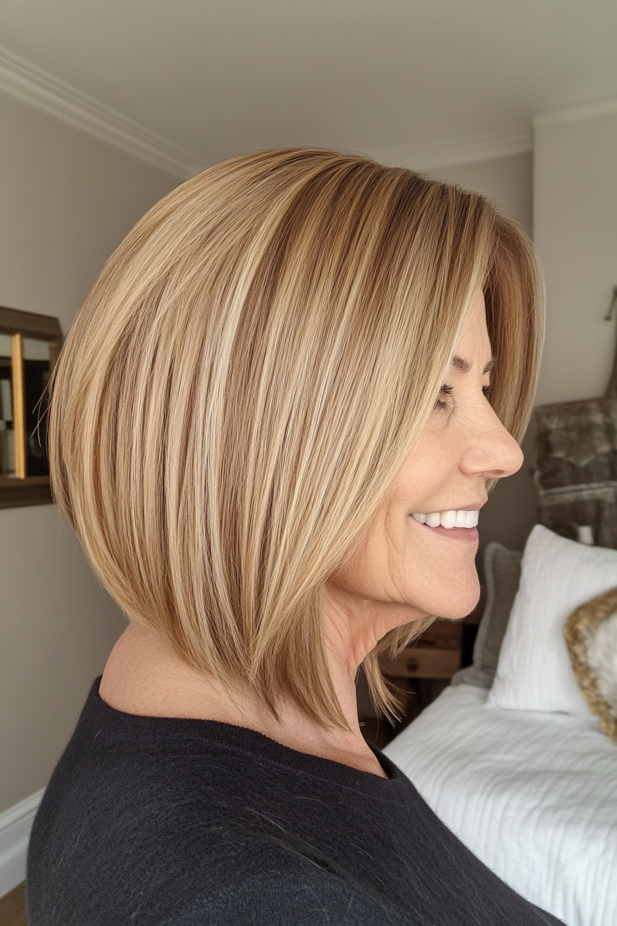 11. Angled Bob with Tapered Back in Golden Blonde (Asymmetrical Hairstyles For Older Women) - Asymmetrical Hairstyles For Older Women