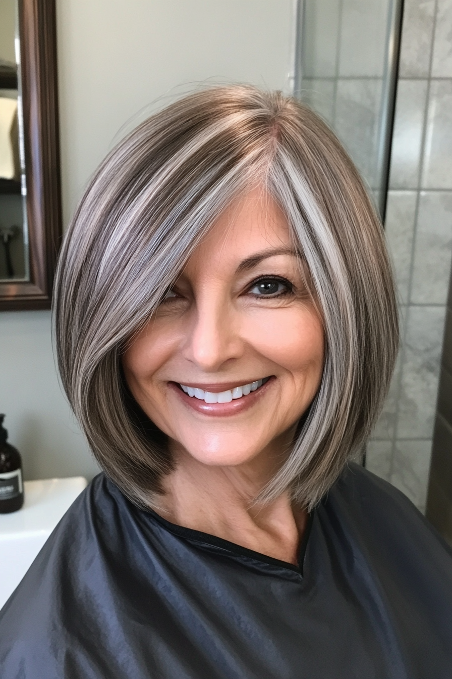 12. Sweeping Asymmetrical Bangs in Chestnut Gray (Asymmetrical Hairstyles For Older Women) - Asymmetrical Hairstyles For Older Women