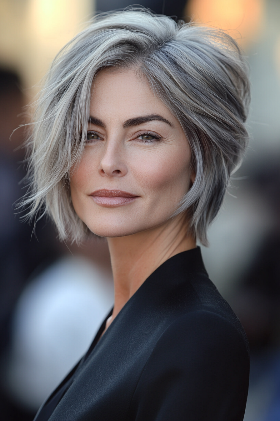 14. Precision-Cut Asymmetrical Pixie in Ash Gray (Asymmetrical Hairstyles For Older Women) - Asymmetrical Hairstyles For Older Women