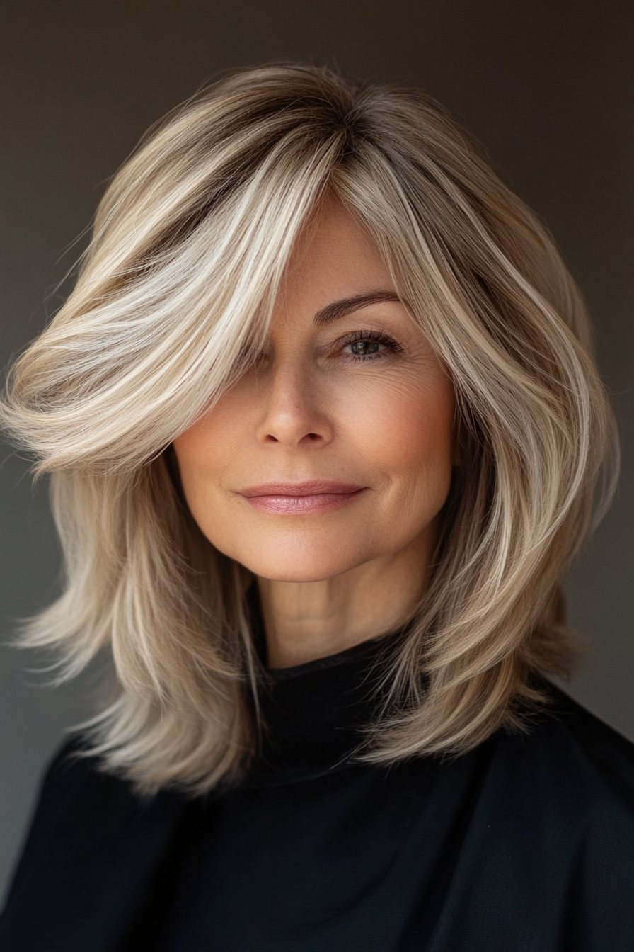 15. Layered Bob with Asymmetrical Fringe in Neutral Blonde (Asymmetrical Hairstyles For Older Women) - Asymmetrical Hairstyles For Older Women