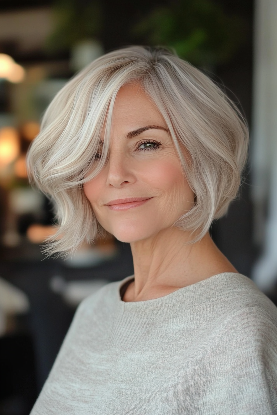 17. Wavy Chin-Length Bob with Side Sweep in Champagne Blonde (Asymmetrical Hairstyles For Older Women) - Asymmetrical Hairstyles For Older Women