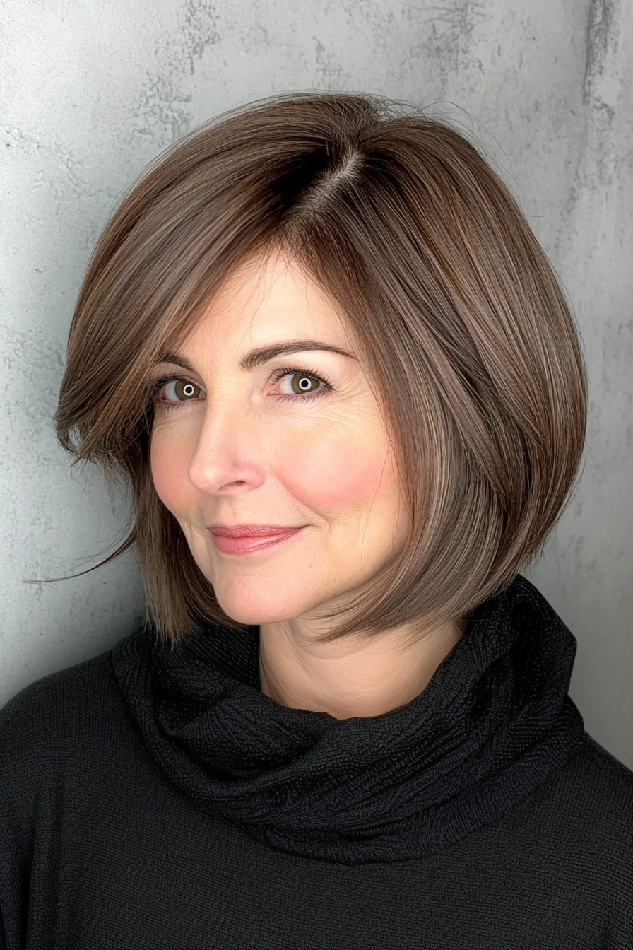 18. Graduated Asymmetrical Lob in Cool Brown (Asymmetrical Hairstyles For Older Women) - Asymmetrical Hairstyles For Older Women