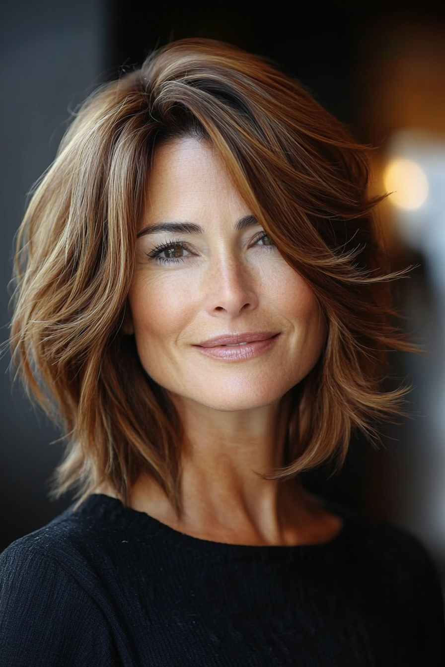20. Layered Bob with Asymmetric Side Part in Caramel Brown (Asymmetrical Hairstyles For Older Women) - Asymmetrical Hairstyles For Older Women