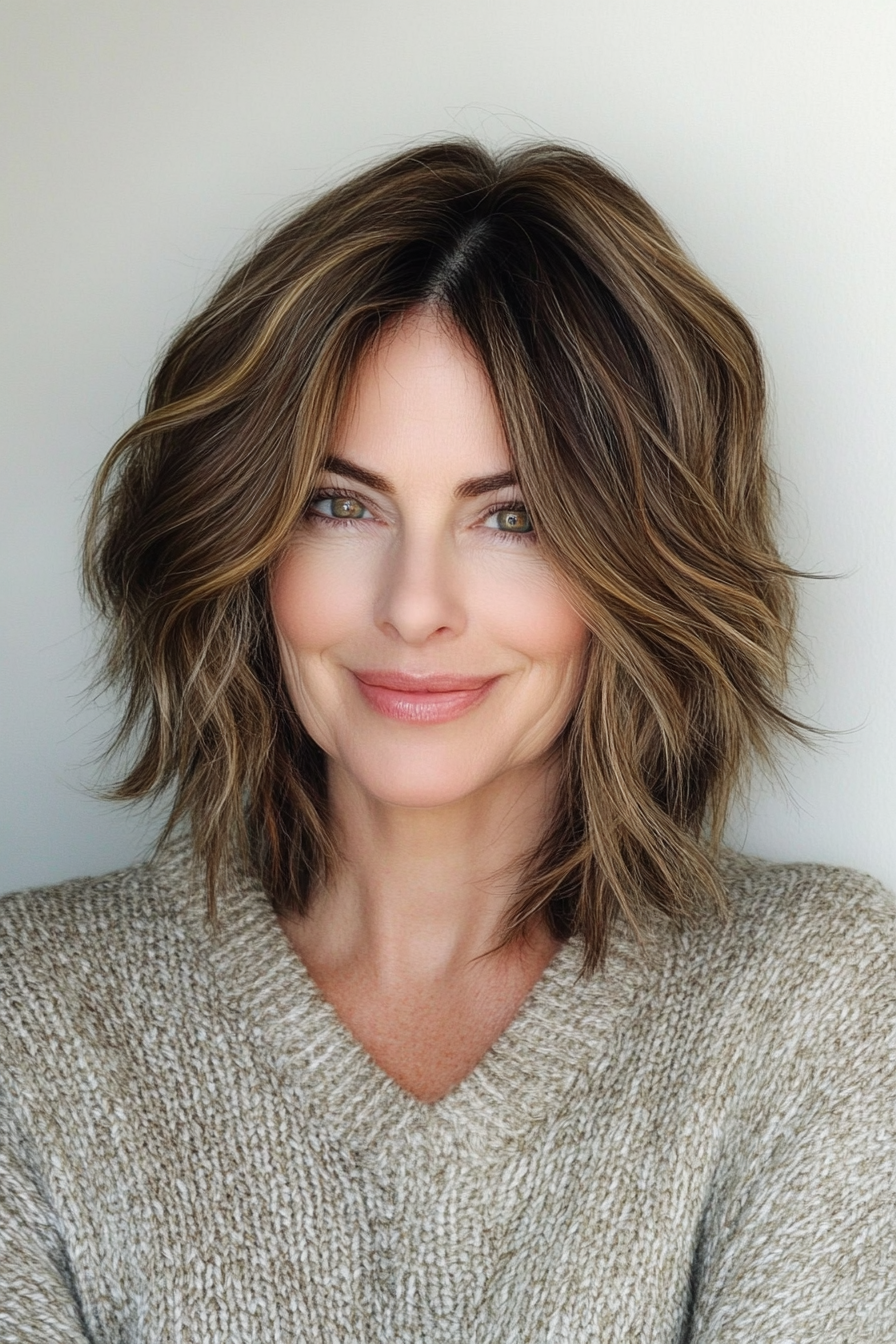 21. Choppy Asymmetrical Shag in Golden Brunette (Asymmetrical Hairstyles For Older Women) - Asymmetrical Hairstyles For Older Women