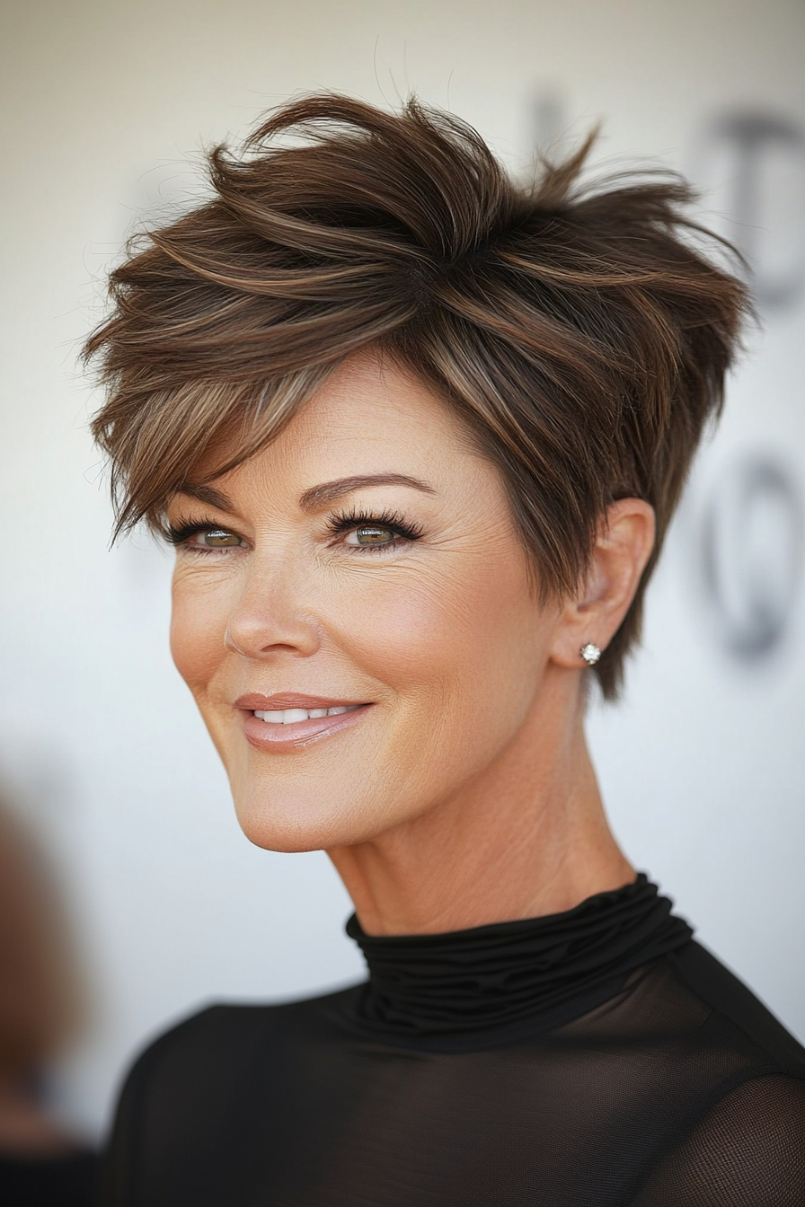 23. Short Razor Cut with Asymmetrical Crown in Coffee Brown (Asymmetrical Hairstyles For Older Women) - Asymmetrical Hairstyles For Older Women
